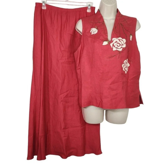 Vtg Adrianna Papell 2 Pc Rust Red Embroidered Linen Top and Maxi Skirt Size 14 - Picture 1 of 16
